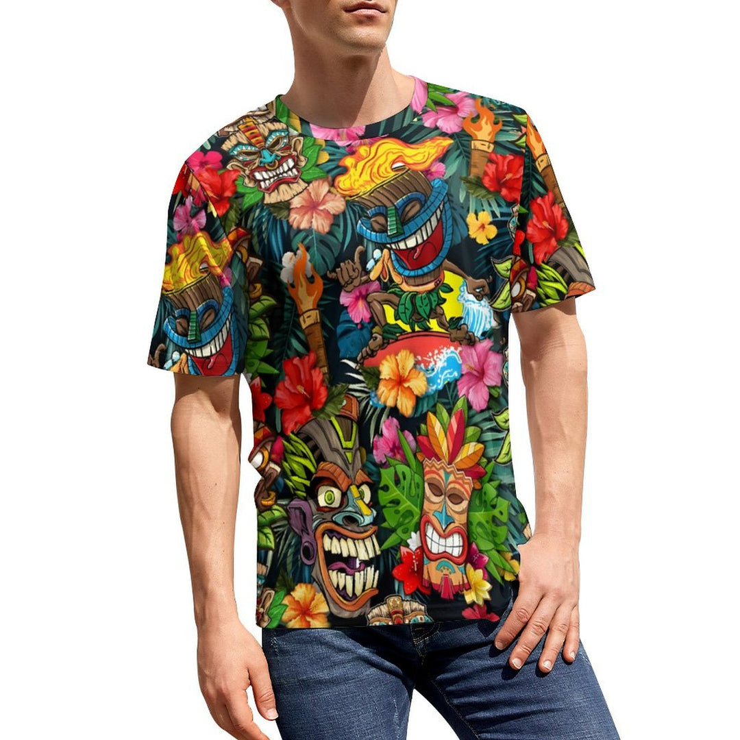 Men's Round Neck Tiki Art Casual T-Shirt 2404000507