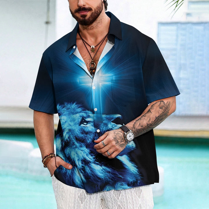 Christian Cross Lion Print Short Sleeve Shirt 2411011903