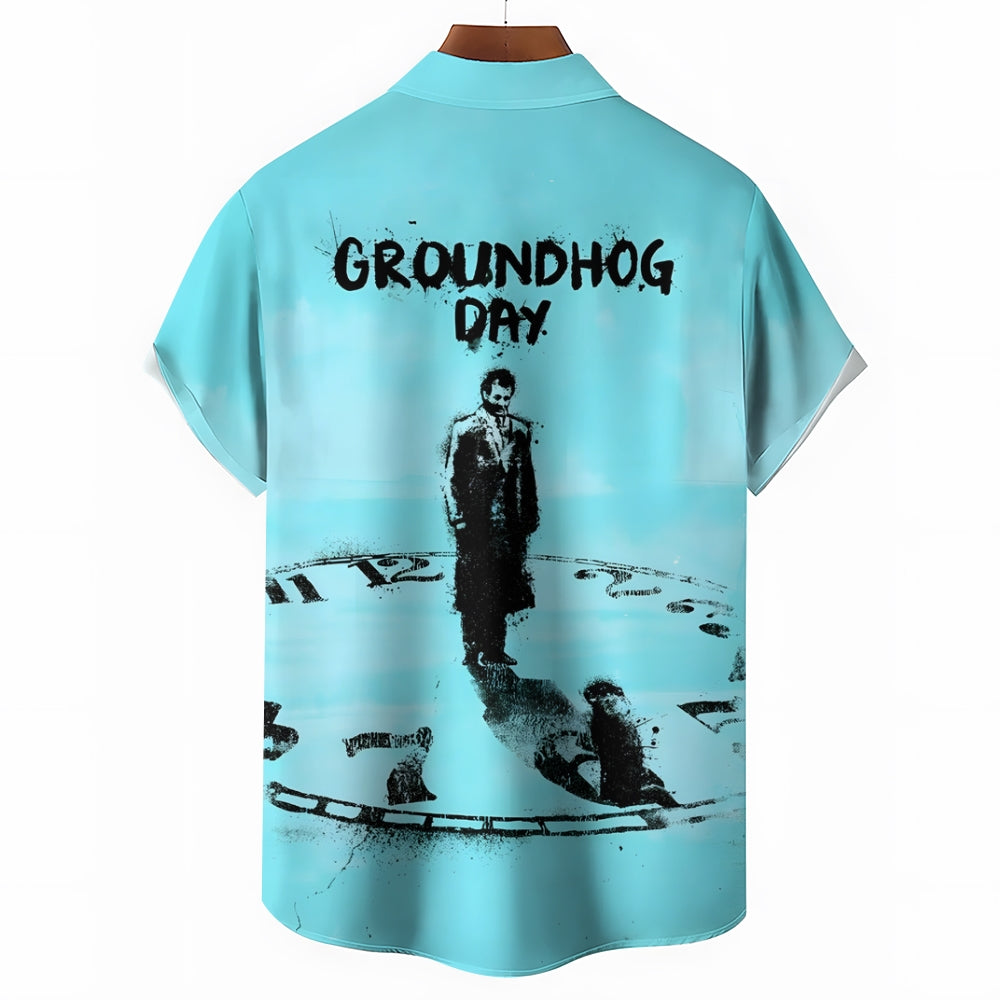 Groundhog Day Clock Print Casual Short Sleeve Shirt 2412003928