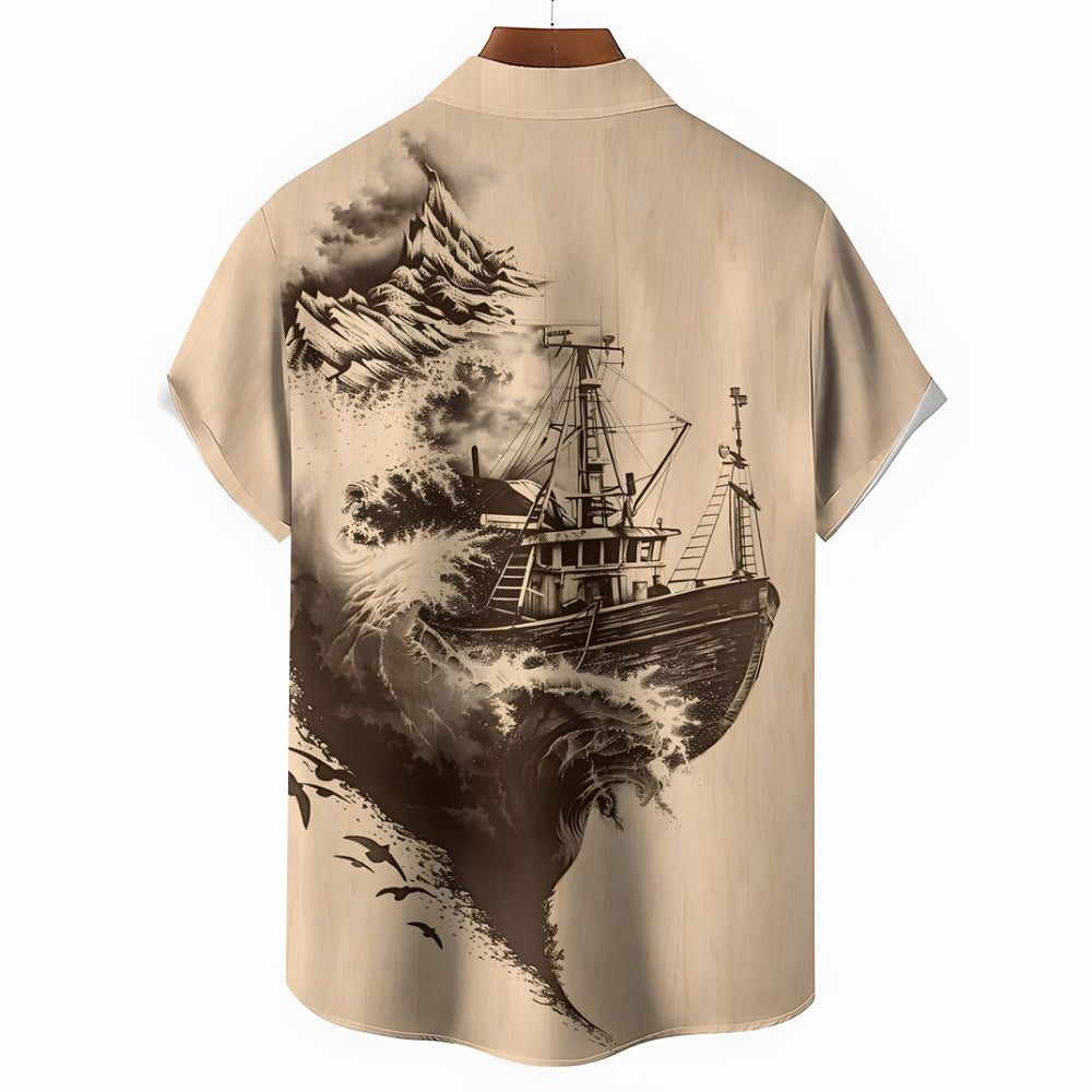 Sailing Wave Boat Print Casual Short Sleeve Shirt 2412005899