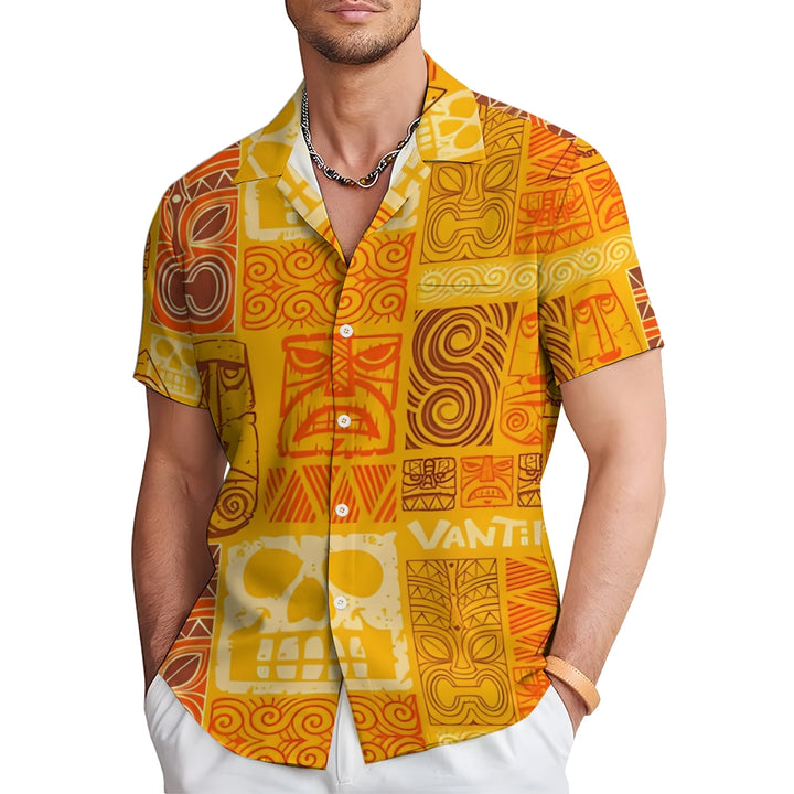 Men's Yellow TIKI Art Print Short Sleeve Shirt 2412006510