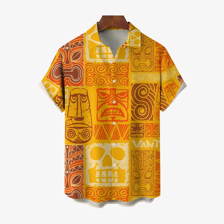 Men's Yellow TIKI Art Print Short Sleeve Shirt 2412006510