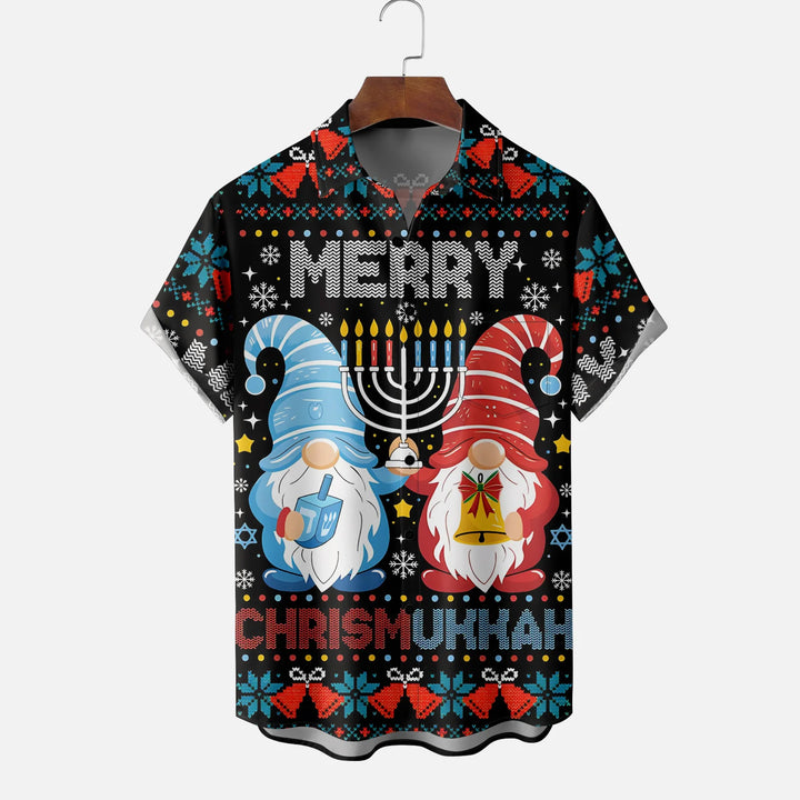 Christmas Hanukkah Gnomes Chest Pocket Casual Shirt