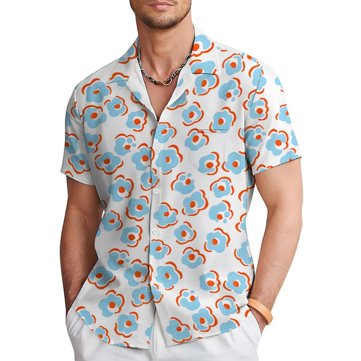 Blue Flower Print Casual Short Sleeve Shirt 2410007587