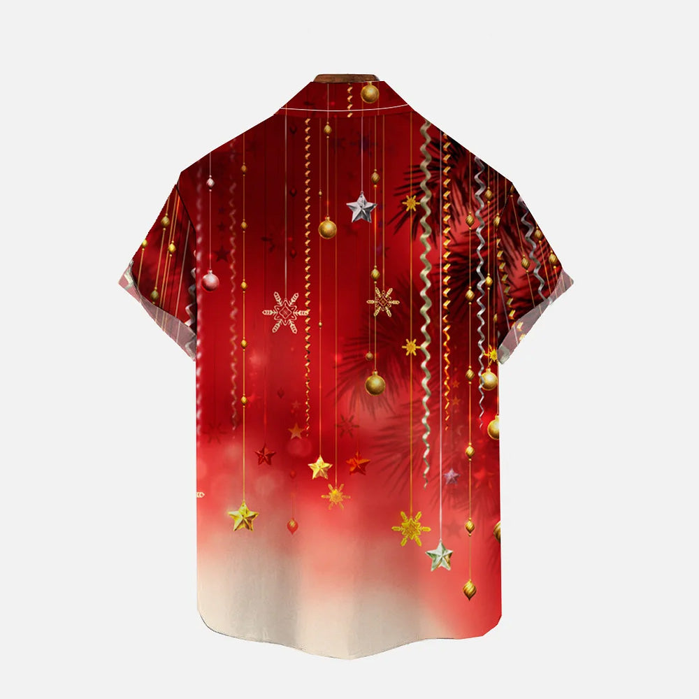 Red Christmas Festive Balls And Ribbons Printing Breast Pocket Shirt