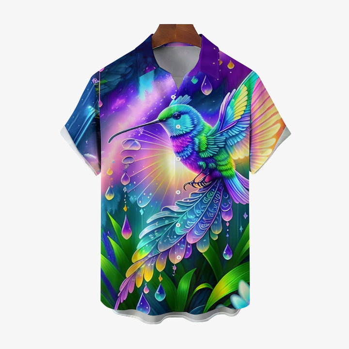 Colorful Hummingbird Print Casual Short Sleeve Shirt 2408004530