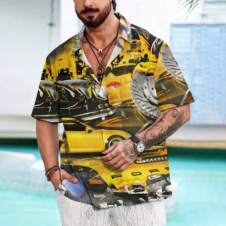 Classic Yellow Sports Car Printed Casual Oversized Short Sleeve Shirt 2407000790