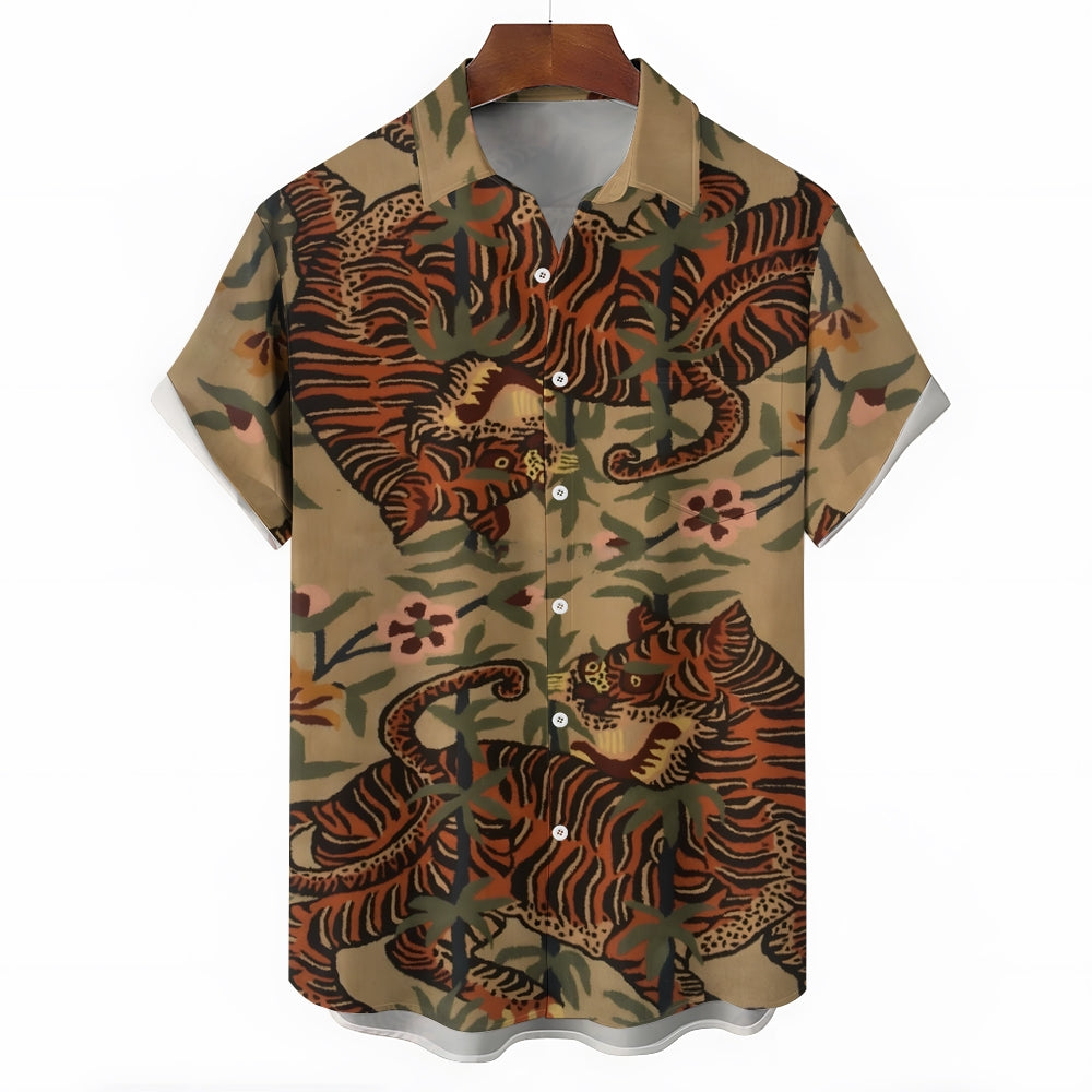 Men's Vintage Tiger Art Print Casual Short Sleeve Shirt 2403000727