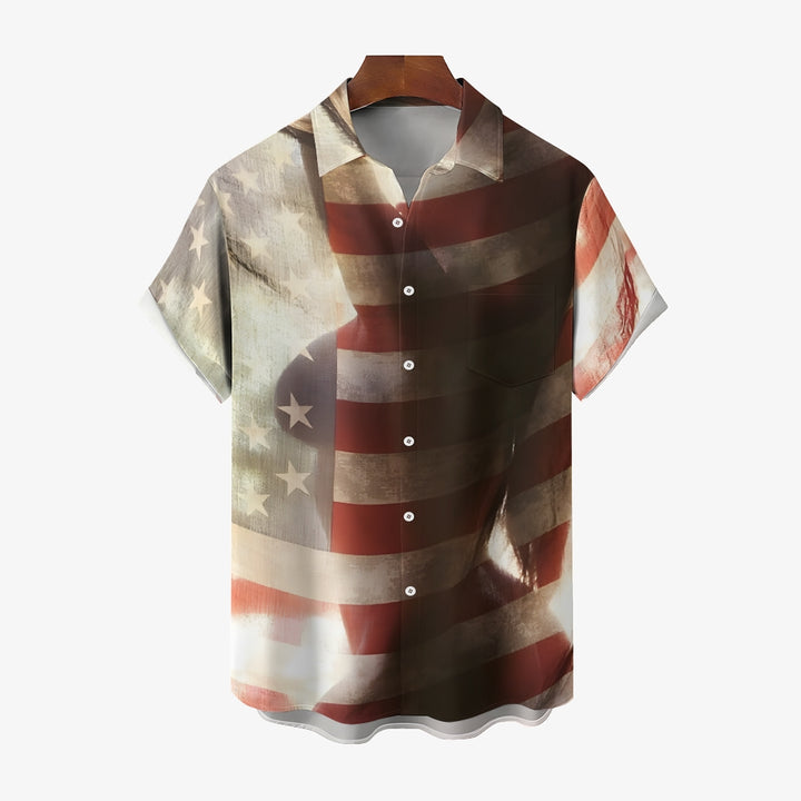 Stars and Stripes Girls Reflection Print Casual Large Size Short Sleeve Shirt 2407000553