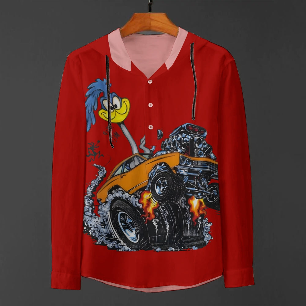 Classic Cartoon Modified Car Printing Hooded half-open long-sleeved shirt