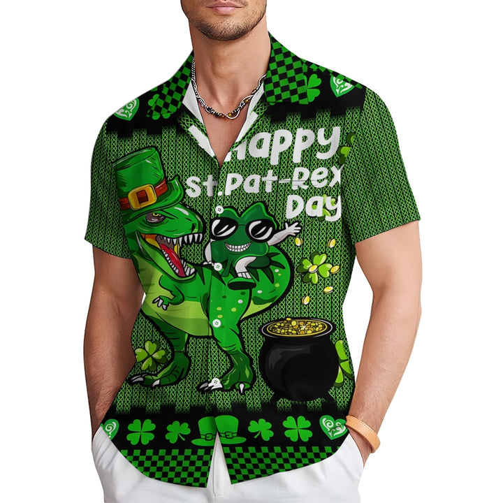 Four Leaf Clover Happy St. Patrick's Day Dinosaur Print Short Sleeve Shirt 2411002288