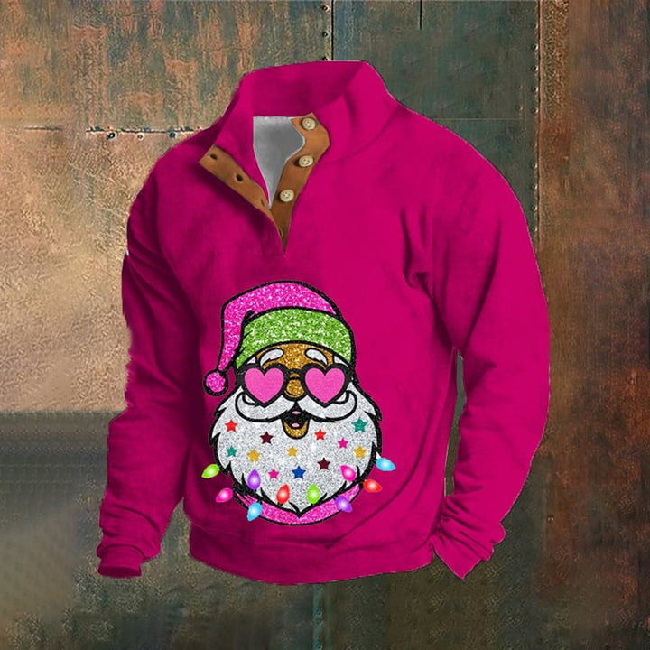 Men's Glitter Santa Print Zippered Stand Collar Button Down Sweatshirt