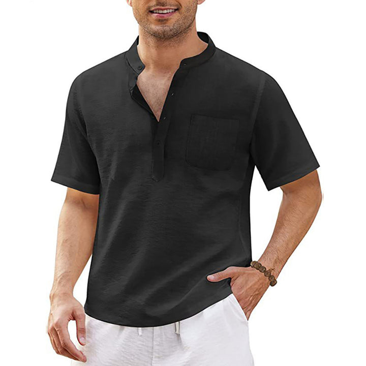 Breathable And Comfortable Cotton And Linen Stand-Up Collar Half-Lapel Short-Sleeved Shirt 2405000991