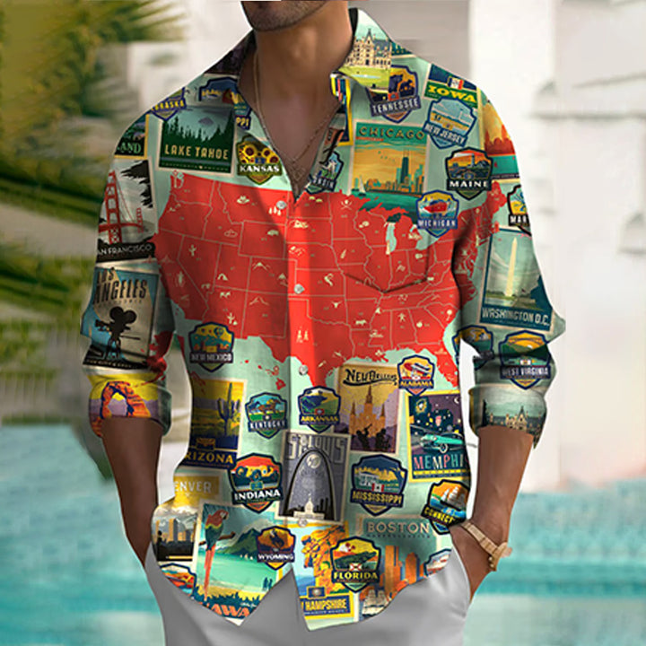 Fashionable Casual Map Print Men's Long Sleeve Shirt 2410004812