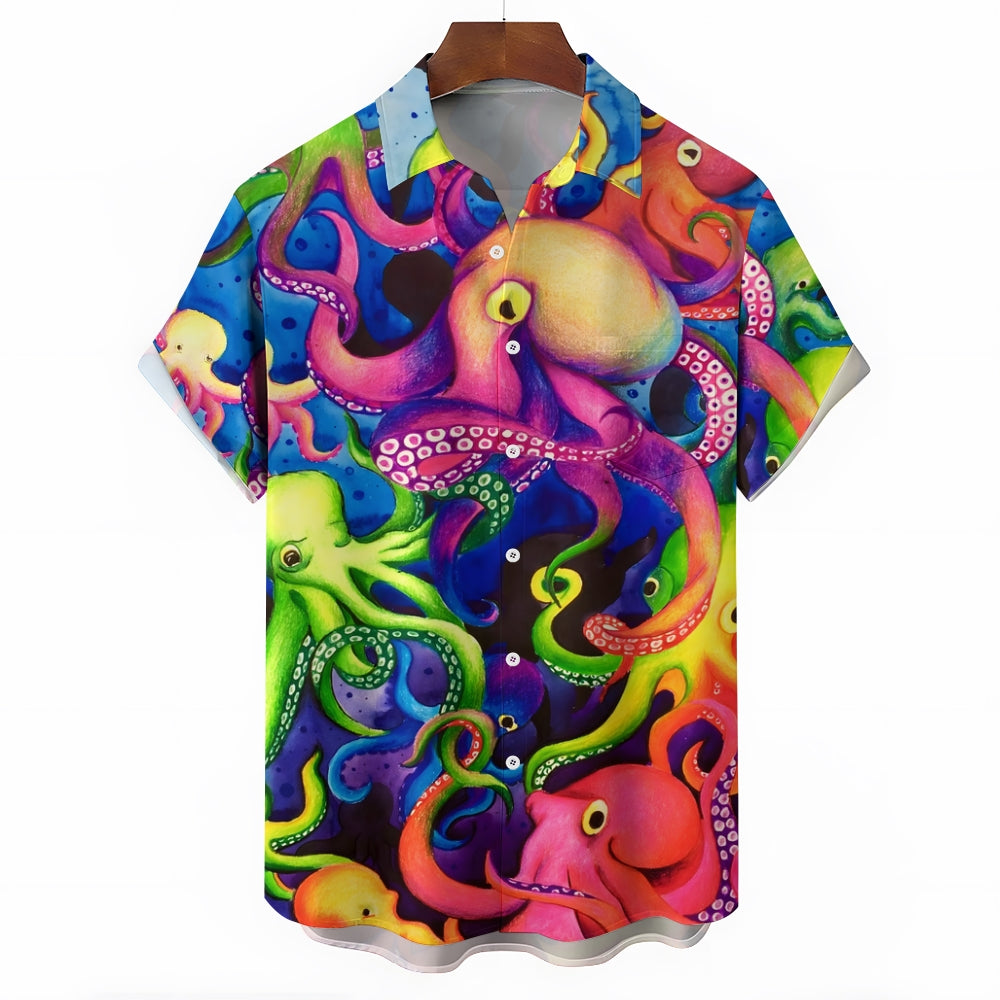 Colorful Octopus Print Casual Oversized Short-Sleeved Shirt 2407001283