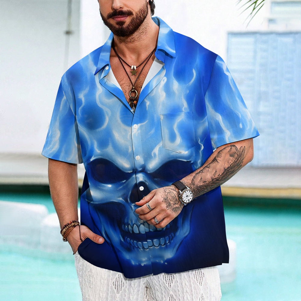 Skull And Flame Print Chest Pocket Short Sleeve Shirt 2411001990