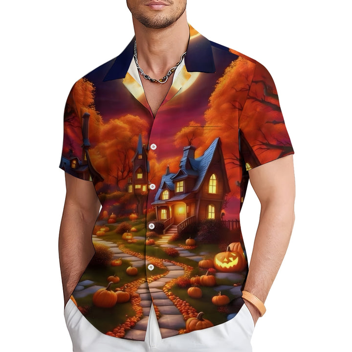 Halloween Pumpkin House Casual Short Sleeve Shirt 2409006103