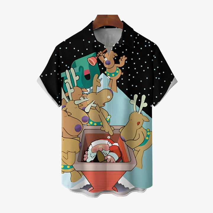 Christmas Fun Reindeers and Santa Claus Casual Short Sleeve Shirt 2412004885