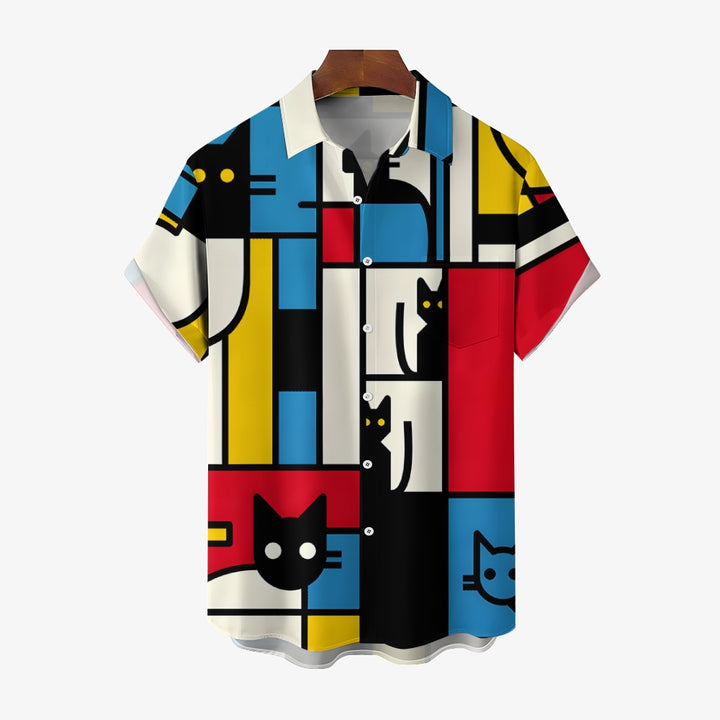 Geometric Cat Color Block Casual Short Sleeve Shirt 2409002486