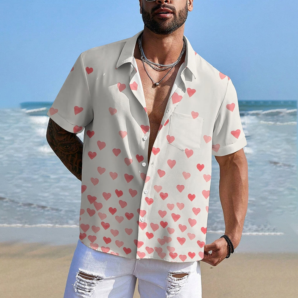 Valentine's Day Gradient Heart Print Short Sleeve Shirt 2412008008