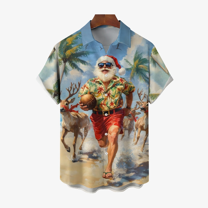 Funny Running Christmas Santa Claus Print Short Sleeve Shirt 2411005328