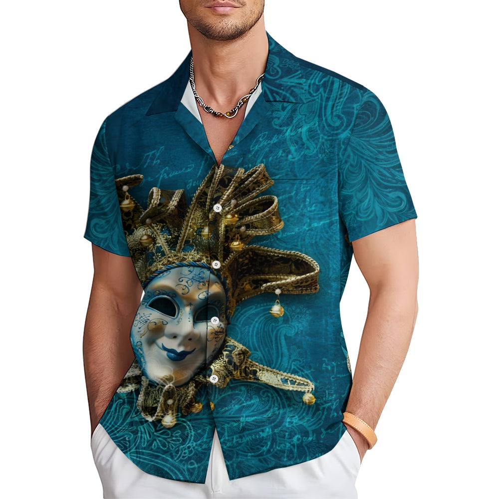 Men's Mardi Gras Mask Print Short Sleeve Shirt 2412007596