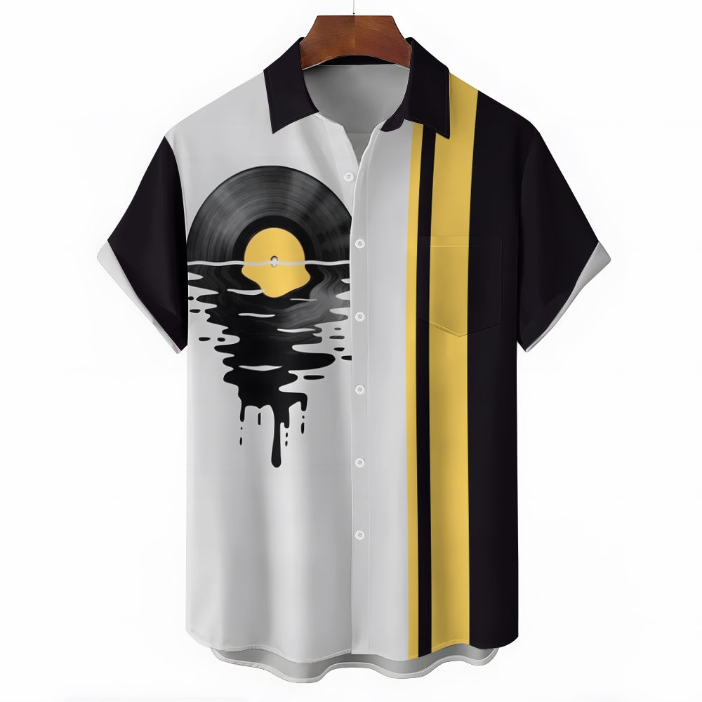 Music Vinyl Record Print Plus Size Bowling Shirt Casual Short Sleeve Shirt 2404000701