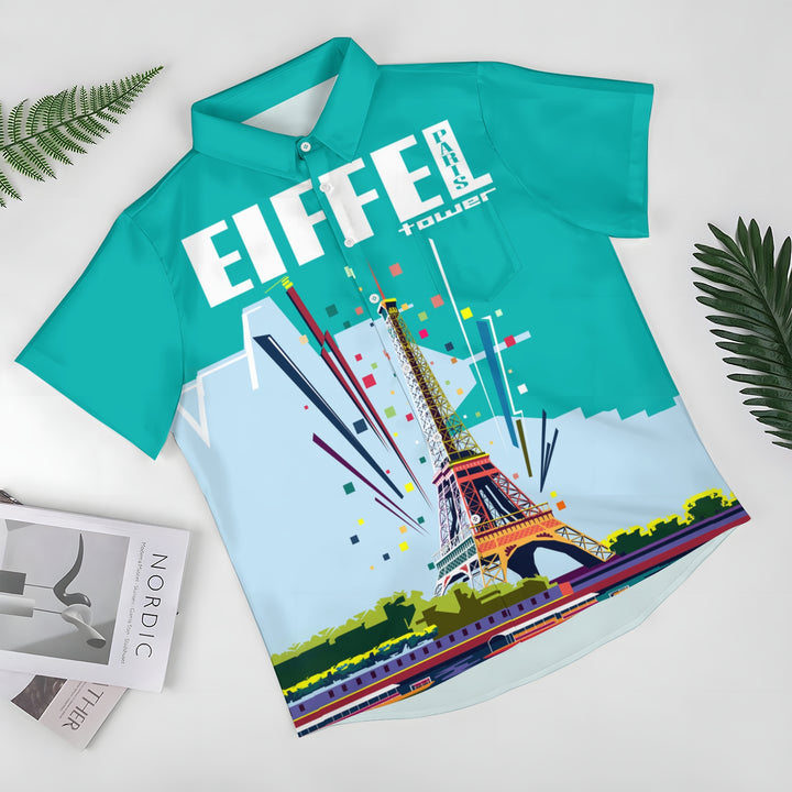 Men's French Eiffel Tower Print Casual Short Sleeve Shirt 2404000551