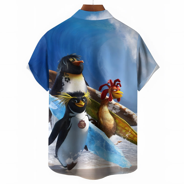 Surfing Penguin Cock Casual Short Sleeve Shirt 2410002379