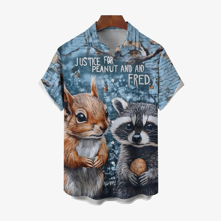 Squirrel and Peanut Print Chest Pocket Short Sleeve Shirt 2411002225