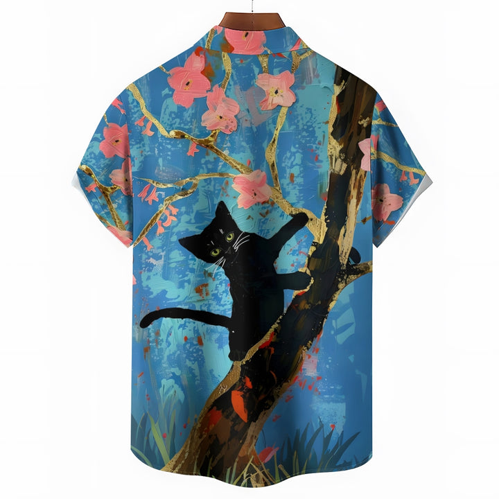 Cat On A Tree Fun Print Short Sleeve Shirt 2412008959