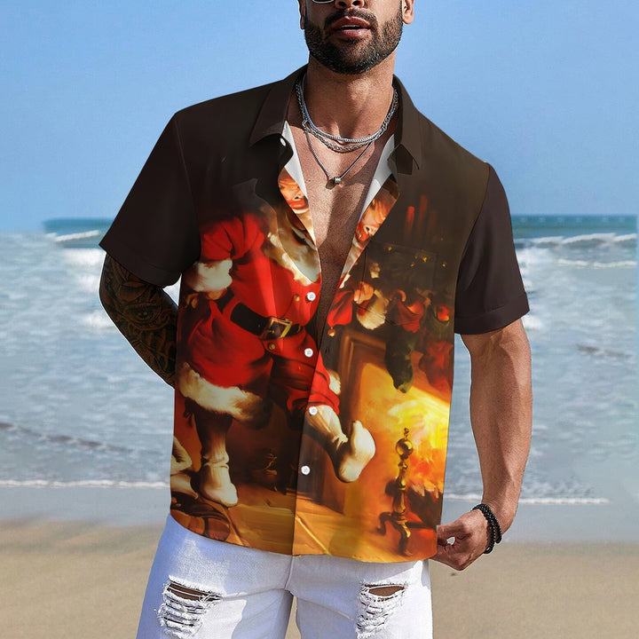 Men's Santa Fireplace Print Casual Short Sleeve Shirt 2410007066