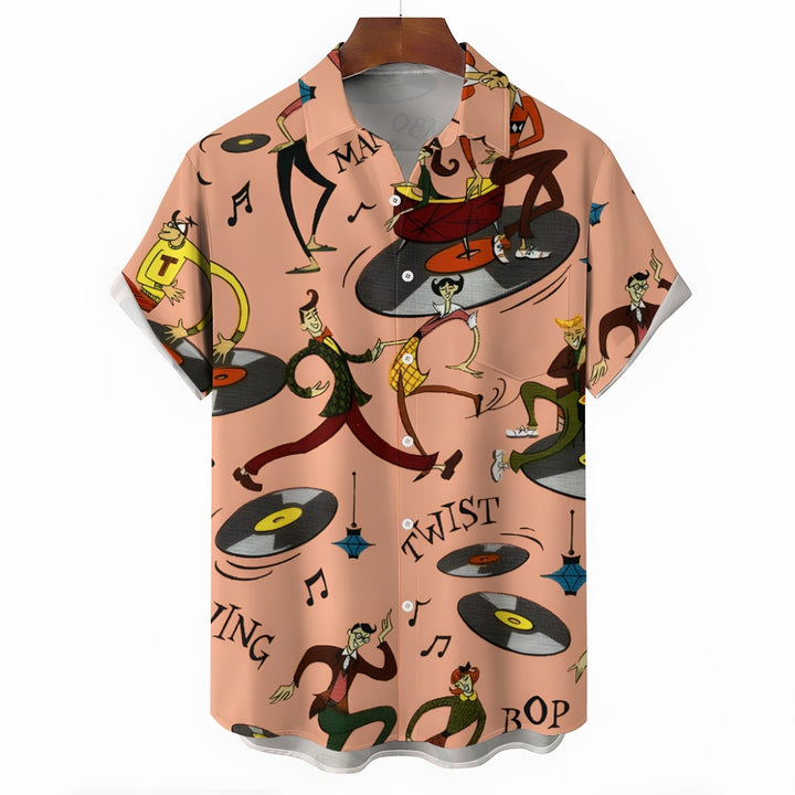 Music Vinyl Record Cartoon Linen Short-Sleeved Shirt 2409010076