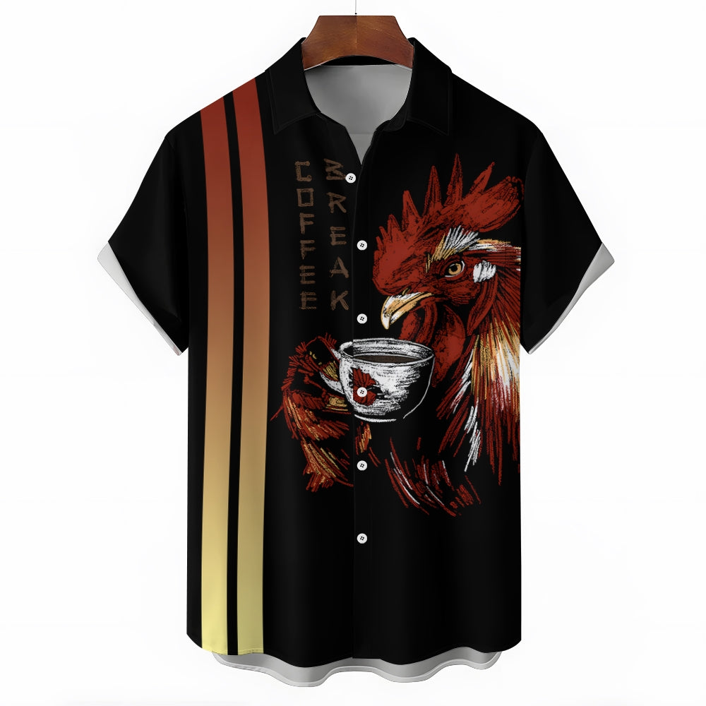 Rooster Coffee Break Print Casual Short Sleeve Shirt 2403000575
