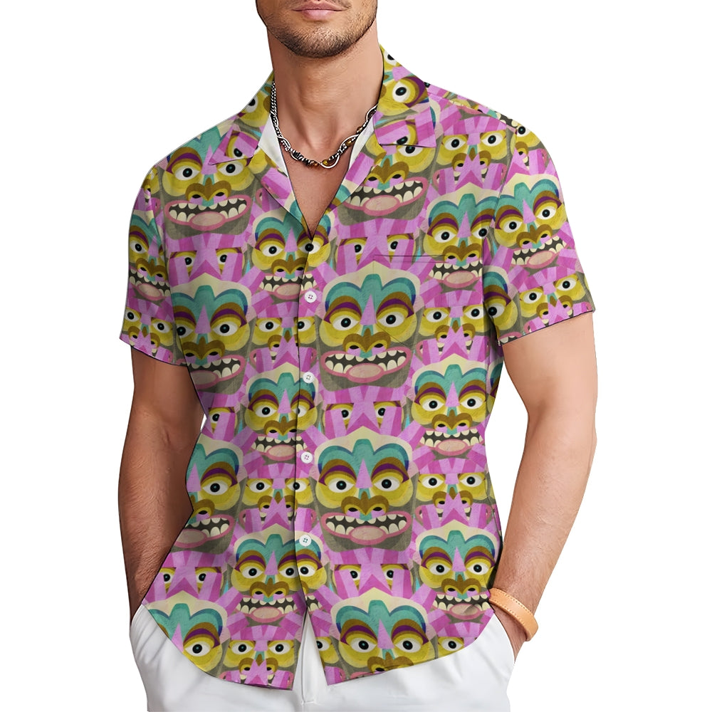 Tiki Art Print Casual Short Sleeve Shirt 2408005065