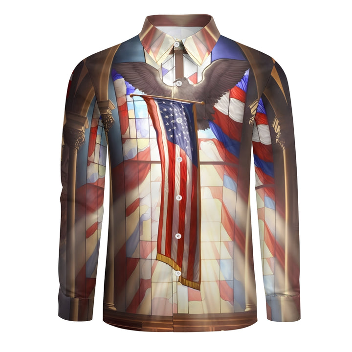 Men's Casual Peace Dove American FlagPrinted Long Sleeve Shirt 2411003433