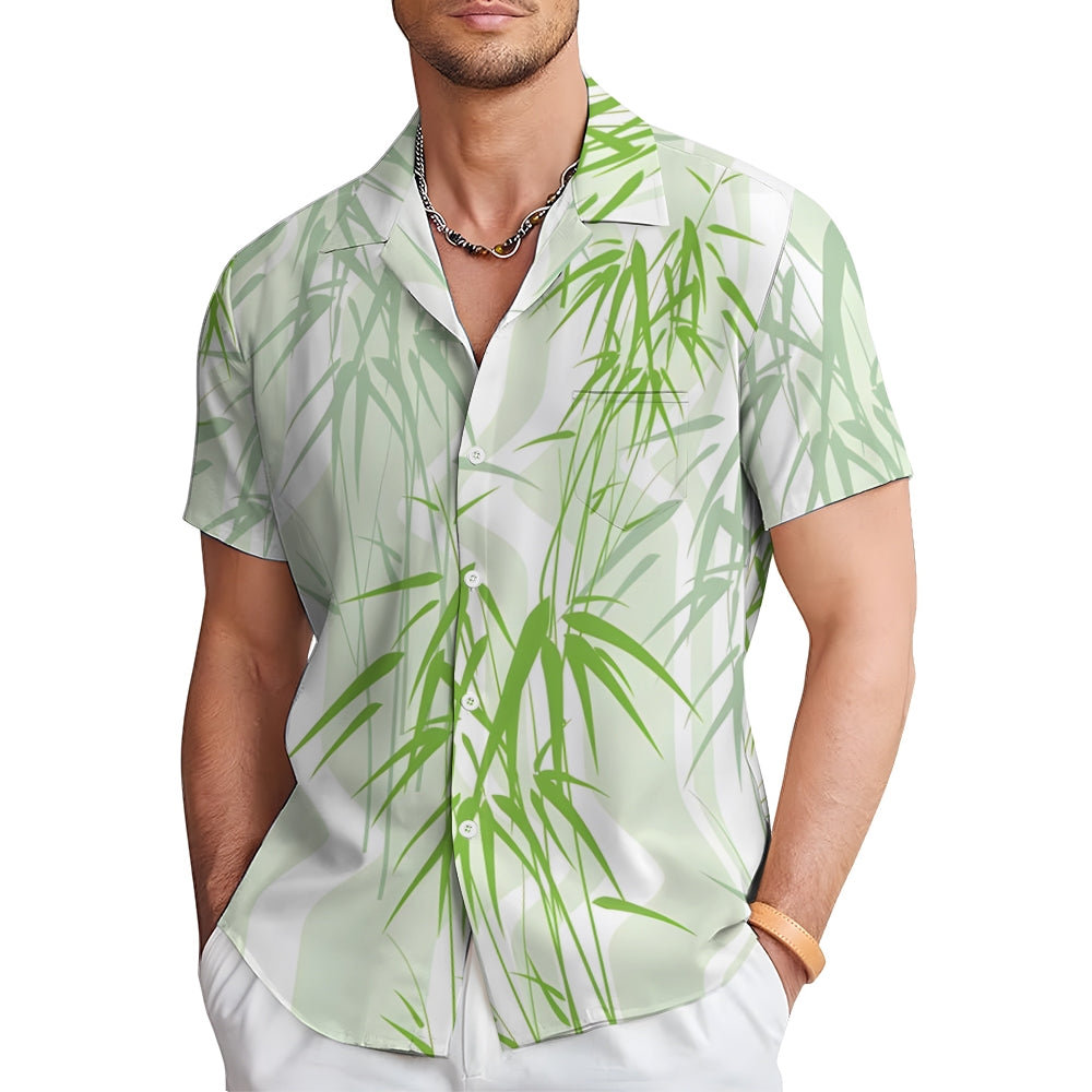 Men's Green Bamboo Art Print Casual Short Sleeve Shirt 2412003833