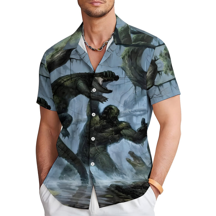 Bigfoot vs Alligator Print Short Sleeve Shirt 2408002798