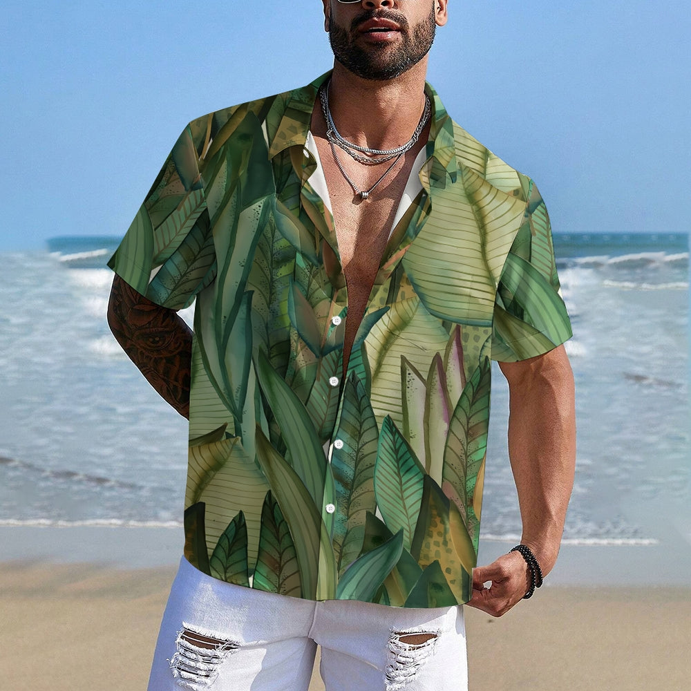 Tropical Plant Print Casual Short Sleeve Shirt 2412005939