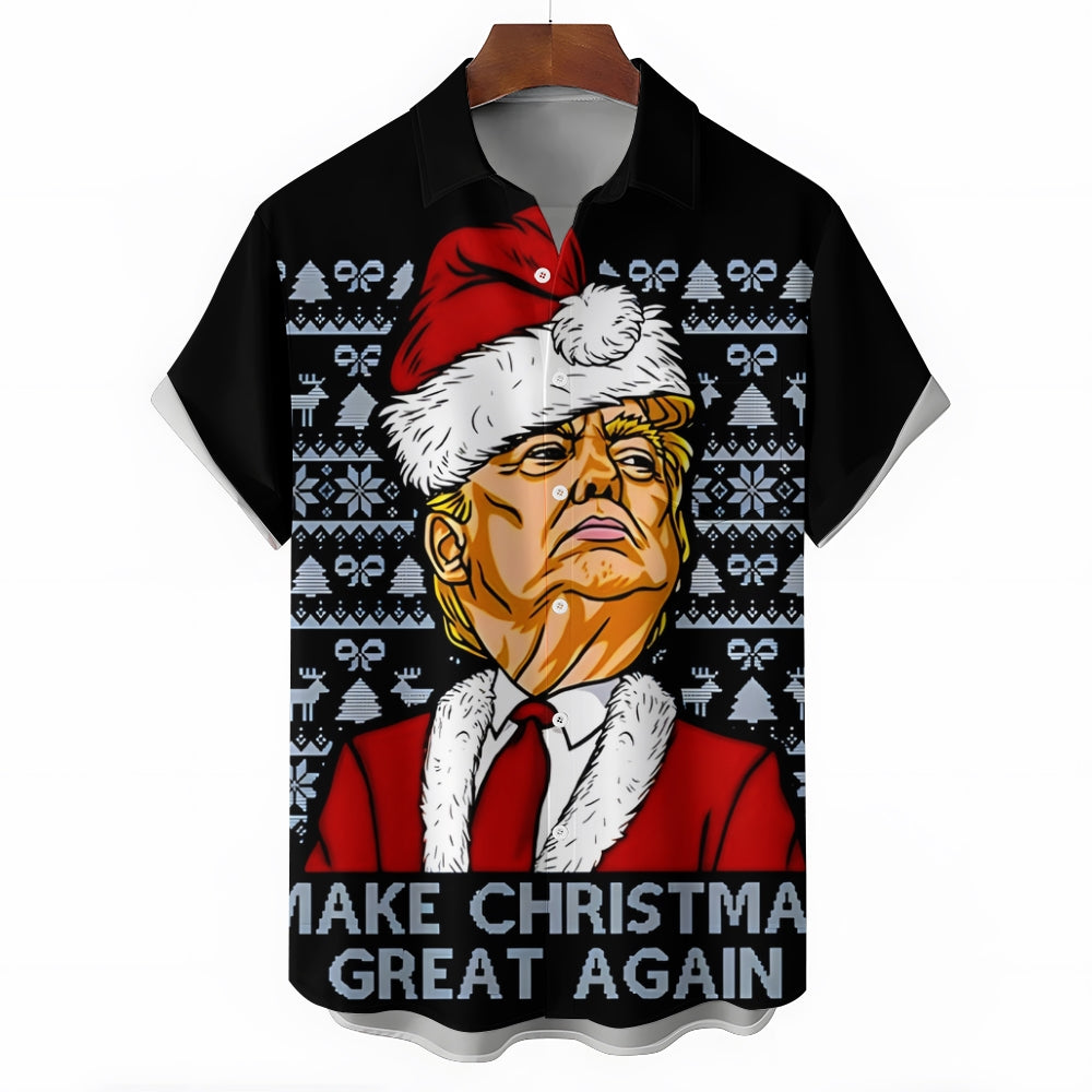 Santa Claus Christmas Trump Print Casual Short Sleeve Shirt 2411003687