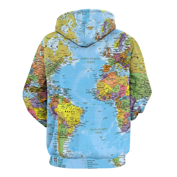 Retro Map Multicolor Long Sleeve Hooded Sweatshirt 2411004094