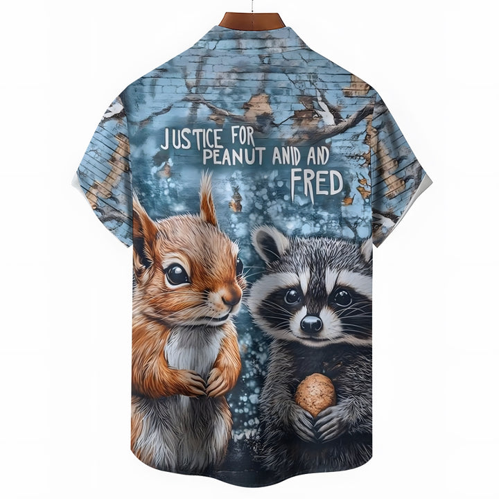 Squirrel and Peanut Print Chest Pocket Short Sleeve Shirt 2411002225