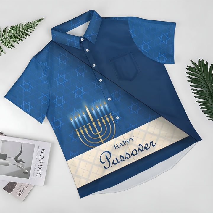 Happy Hanukkah Candle Print Short Sleeve Shirt 2411011968