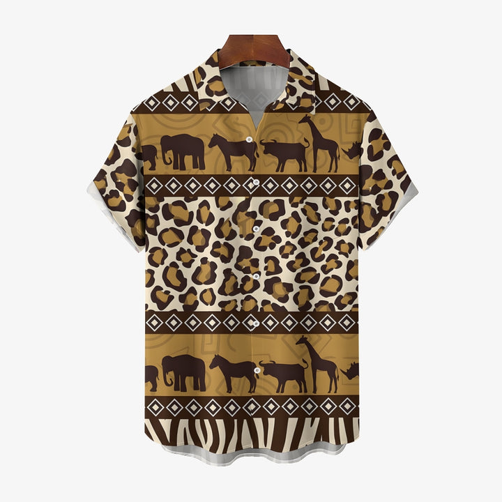 African Savannah Wildlife Print Casual Short Sleeve Shirt 2404001397