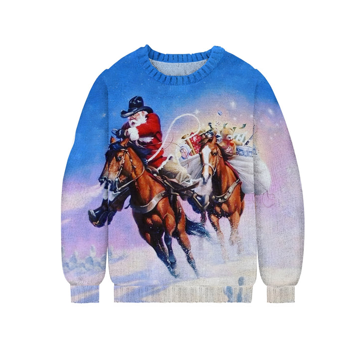 Santa Claus Horseback Delivering Gifts Printed Knitted Crewneck Sweater 2411010432