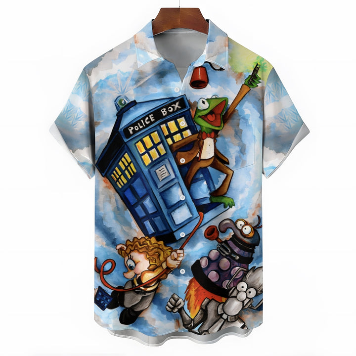 Police Box Cartoon Print Casual Short Sleeve Shirt 2410006780