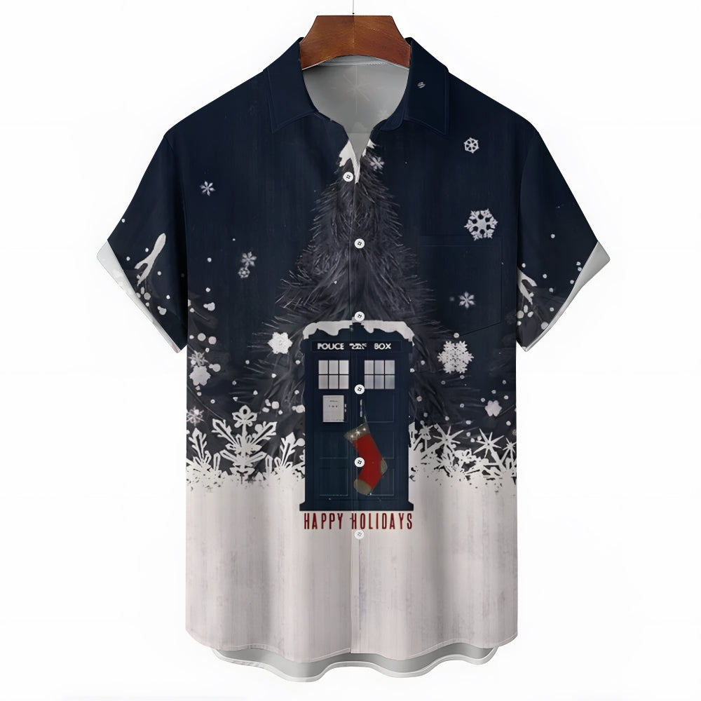 Christmas Phone Booth Casual Short Sleeve Shirt 2410006985