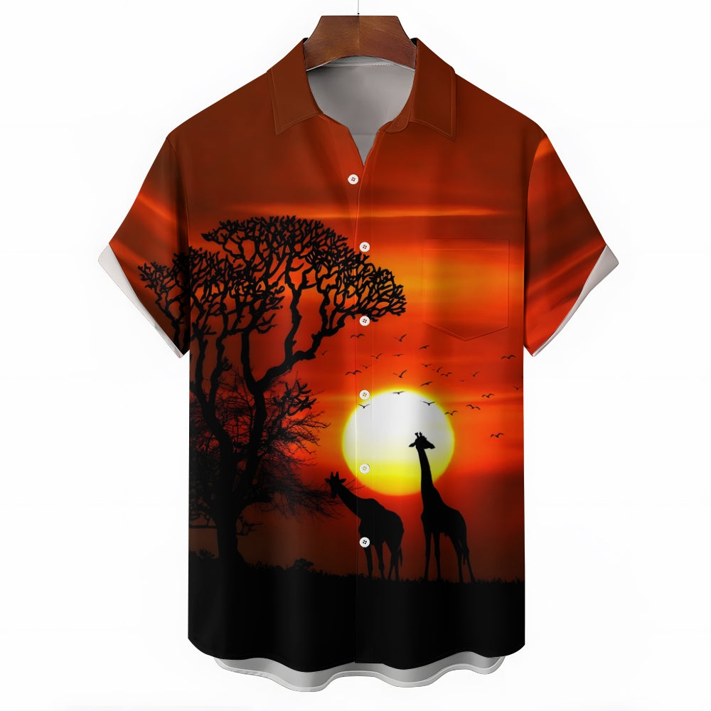 Grassland Giraffe Sunset Casual Large Size Short Sleeve Shirt 2406003217