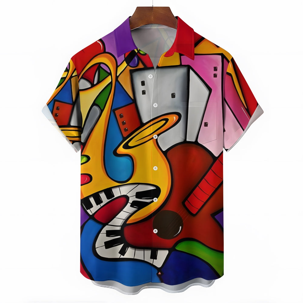 Musical Instruments Abstract Geometric Casual Short Sleeve Shirt 2408002258