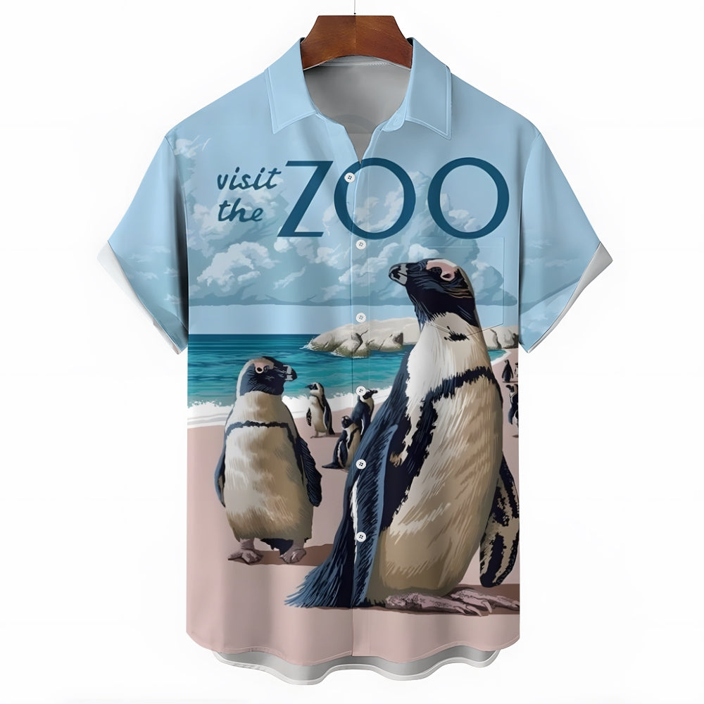 Retro Poster Zoo Penguin Print Chest Pocket Short Sleeve Shirt 2411005997